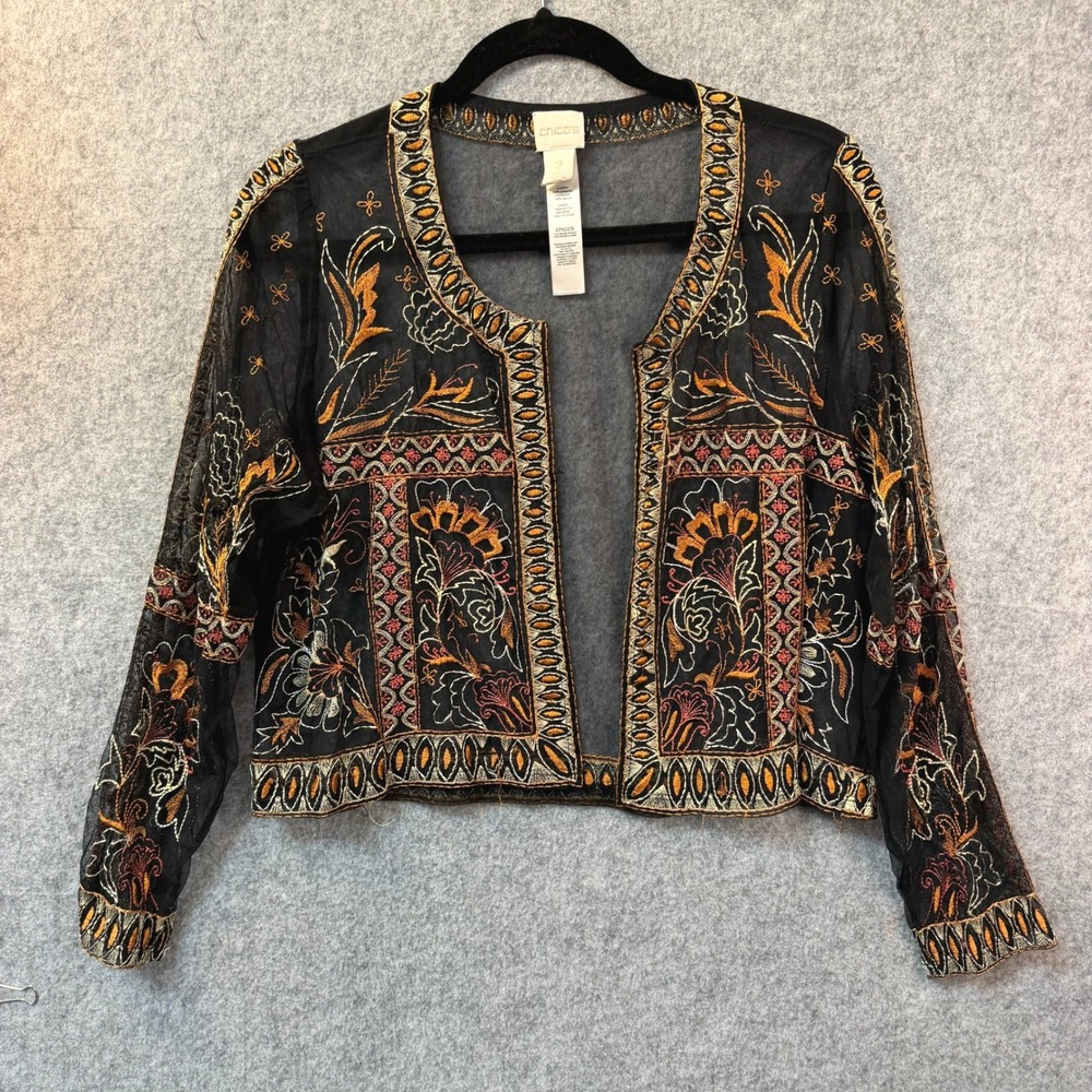Chicos Black Mesh Embroidered Bolero Jacket Floral Boho Open Front Size 2 L XL